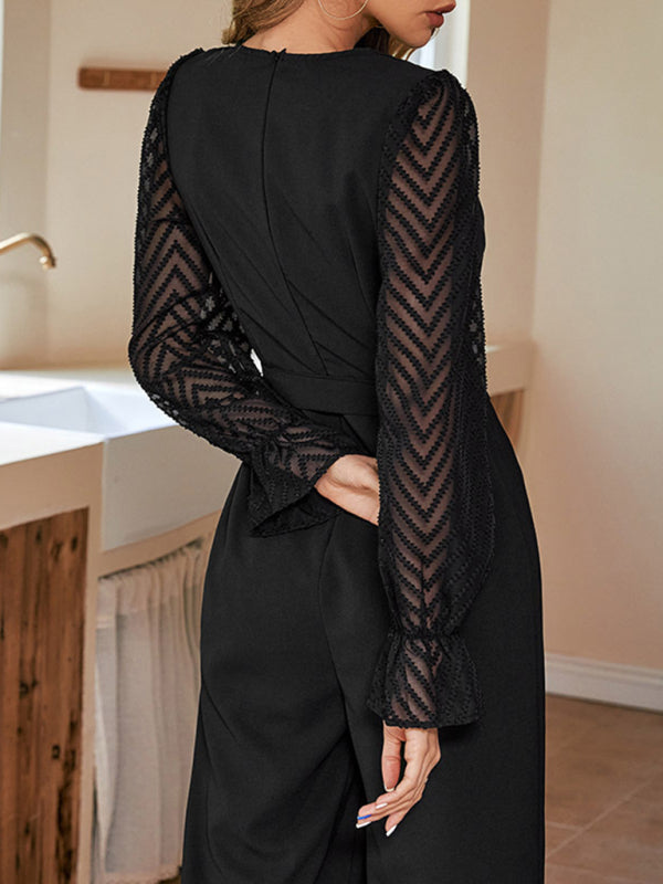 Women's Black Stitching See-Through Slim Elegant Jumpsuit