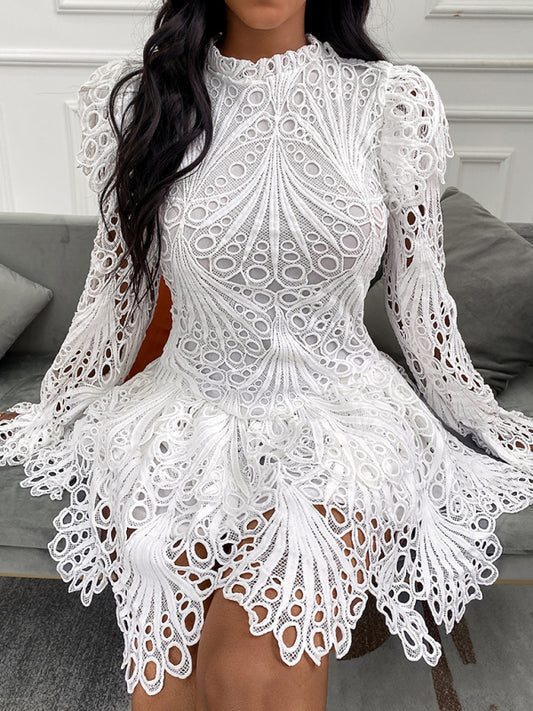 Women's elegant white lace hollow dress