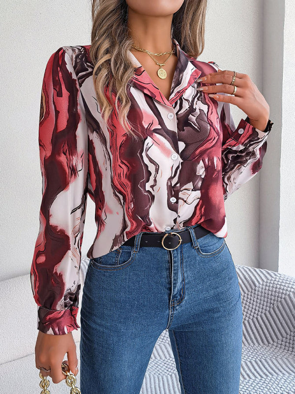 Women's casual color contrast striped collar long-sleeved shirt