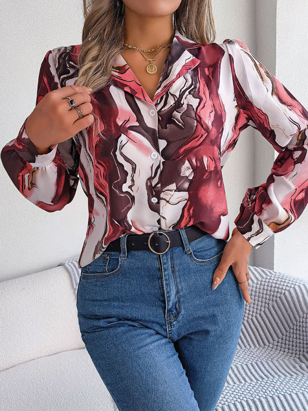 Women's casual color contrast striped collar long-sleeved shirt