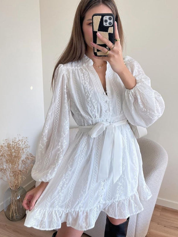 Women's V Neck Long Sleeves Solid Color Sweet Lace Ruffle Dress