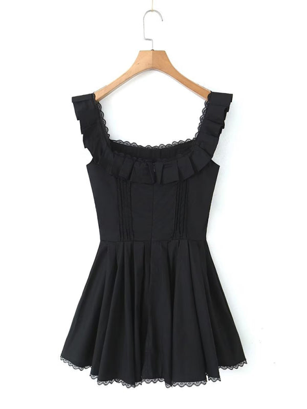 Women's French lace stitching suspenders square collar ruffled waist dress