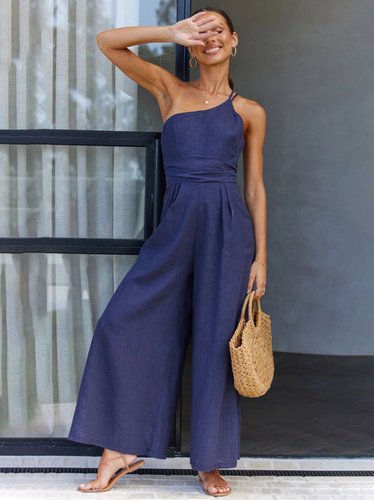 Casual, comfortable and refreshing sleeveless waistless backless loose wide-leg jumpsuit