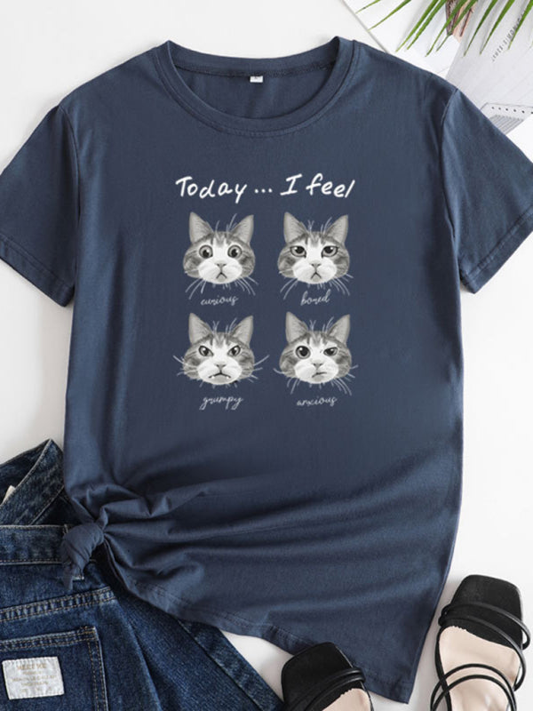 Cat print round neck short sleeve T-shirt