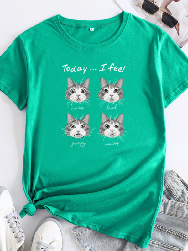 Cat print round neck short sleeve T-shirt