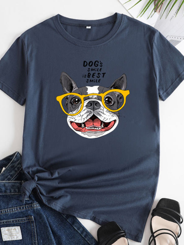 Puppy print round neck short sleeve T-shirt