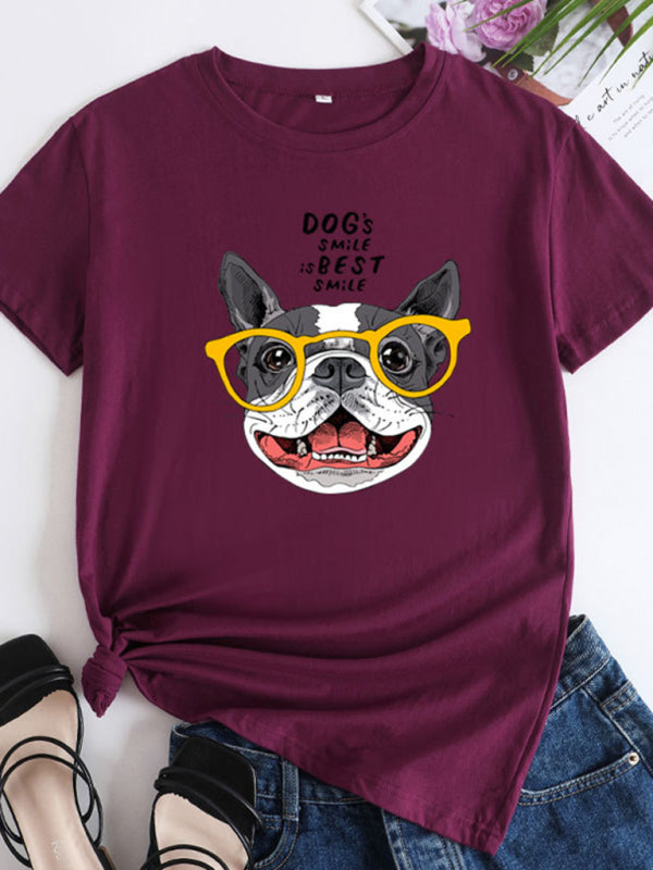 Puppy print round neck short sleeve T-shirt