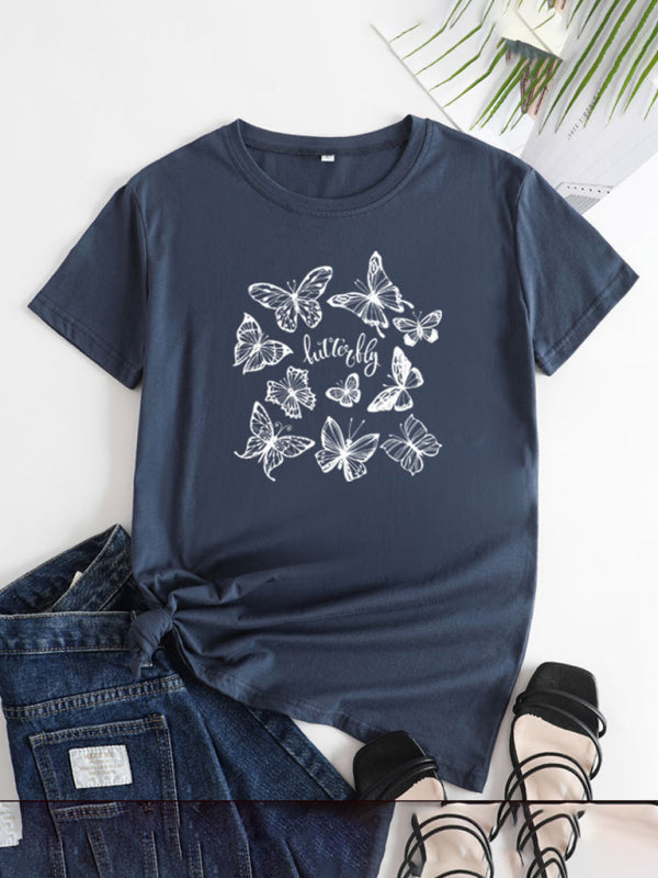 Women's Butterfly Print Round Neck Short Sleeve T-Shirt