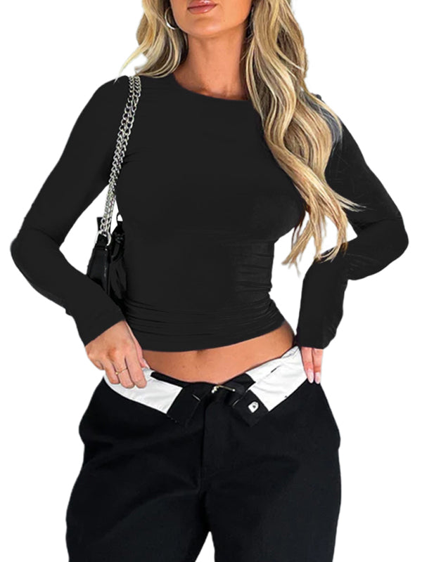 Solid color slim fit pullover women's streetwear bottoming top