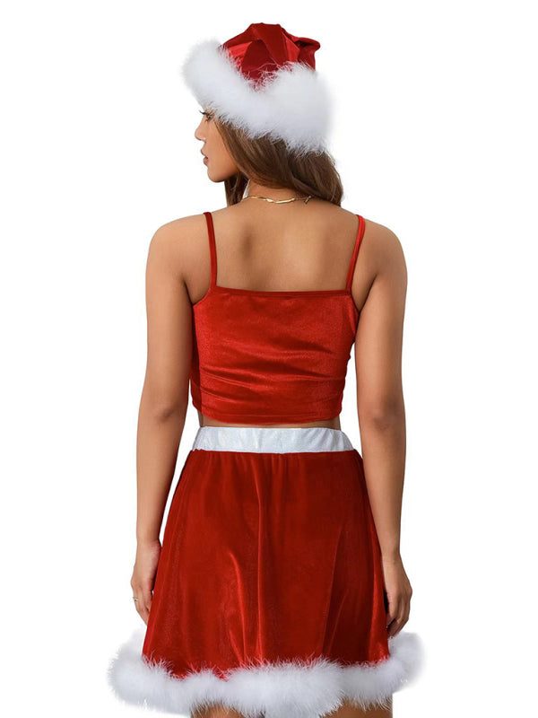 全新露肩聖誕紅色吊帶羽毛聖誕裙（含帽子）