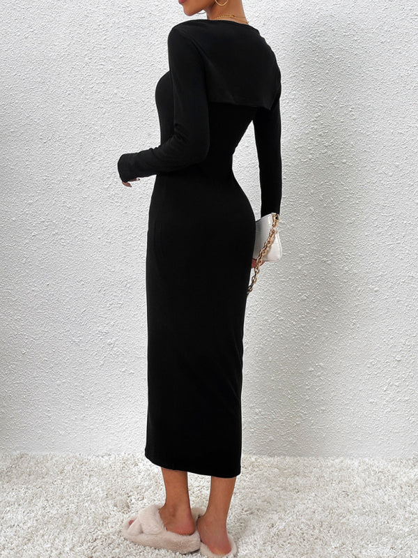 Women's elegant solid color suspender long-sleeved dress