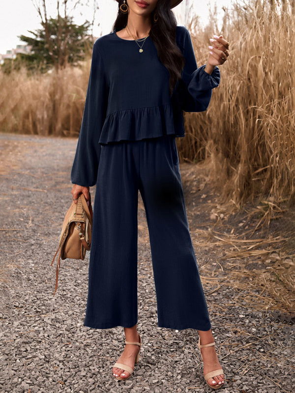 Casual solid color long-sleeved top loose trousers set