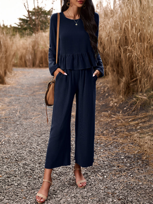 Casual solid color long-sleeved top loose trousers set
