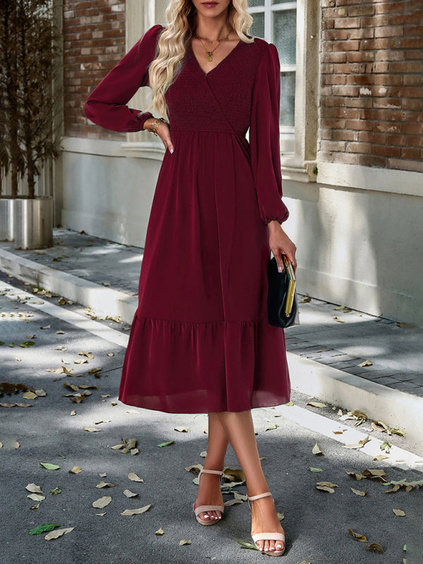 V-neck elegant solid color dress