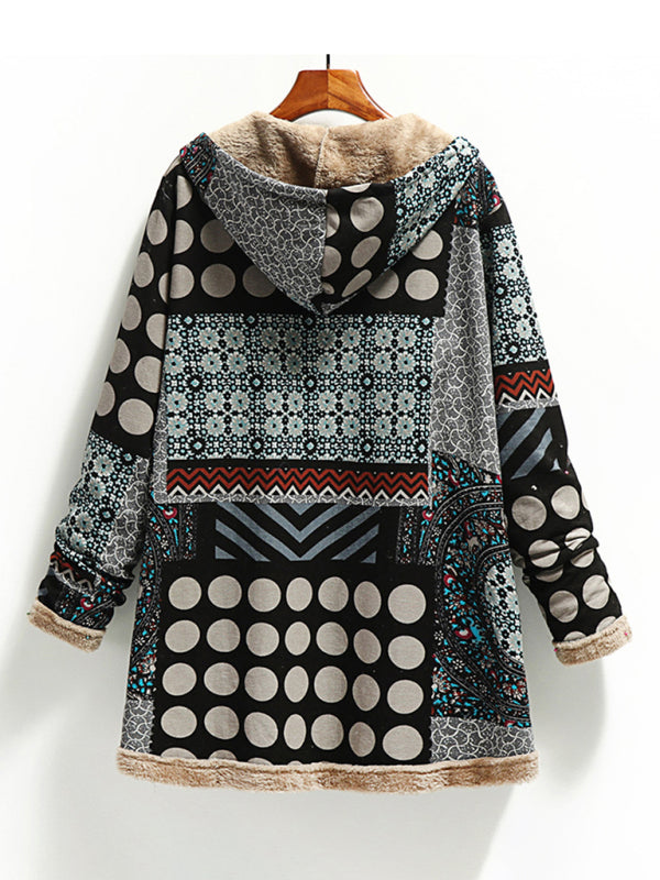 Women's cotton and linen printed hooded warm plush jacket