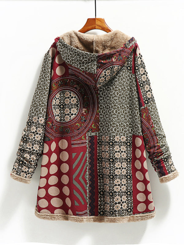 Women's cotton and linen printed hooded warm plush jacket