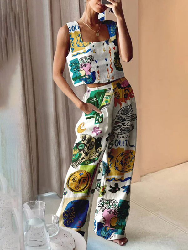 नई महिलाओं की प्रिंटेड वाइड-लेग पैंट + बनियान कैज़ुअल फैशन टू-पीस सूट