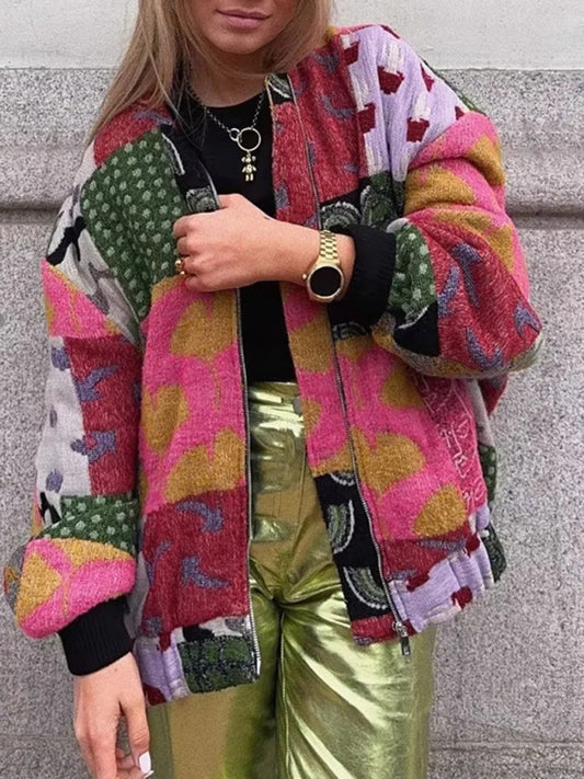 नई शैली फैशनेबल कैज़ुअल रेट्रो कंट्रास्टिंग मुद्रित छोटी लंबी आस्तीन वाली ढीली सूती जैकेट