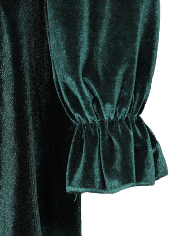 Women's long-sleeved V-neck velvet dress