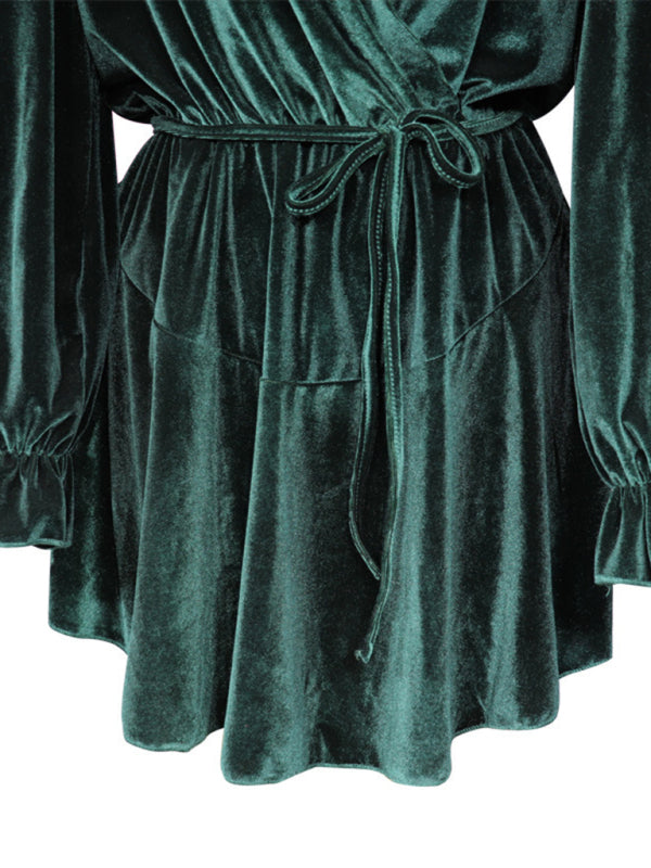 Women's long-sleeved V-neck velvet dress