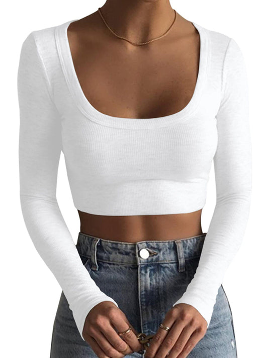 Women's large round neck long-sleeved ultra-short slim fit navel-baring bottoming top