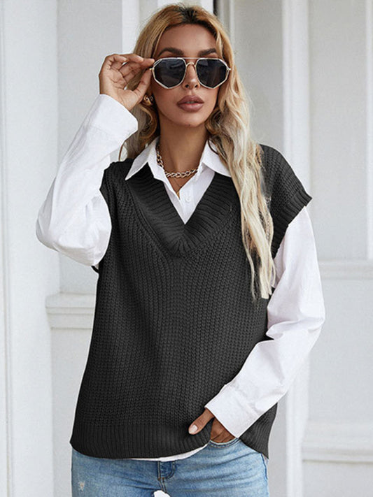 महिलाओं के लिए ठोस रंग वी-गर्दन बुना हुआ स्वेटर बनियान