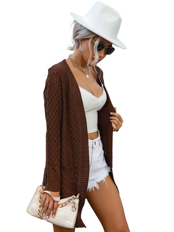 Women's solid color mid-length long-sleeved twist sweater cardigan