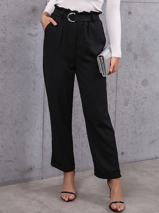 Women's commuter style lace-up nine-point elastic pants