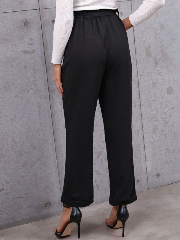 Women's commuter style lace-up nine-point elastic pants