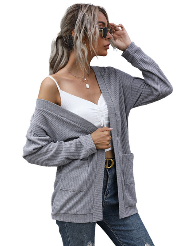 Women's basic long-sleeved solid color long sweater cardigan