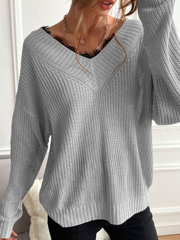 Women's patchwork lace pullover solid color knitted sweater