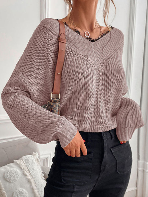 Women's patchwork lace pullover solid color knitted sweater