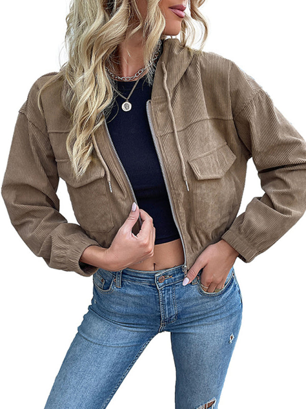 Women's solid color hooded corduroy jacket