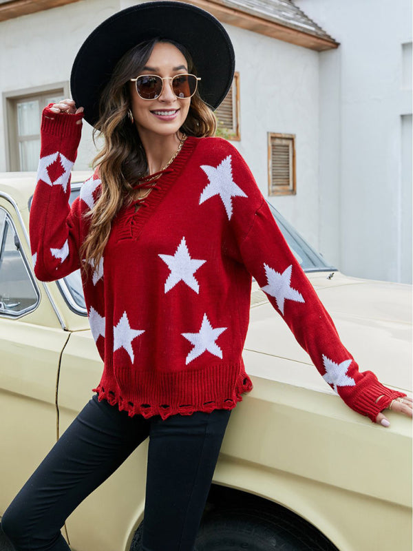 Casual five-star jacquard drawstring sweater