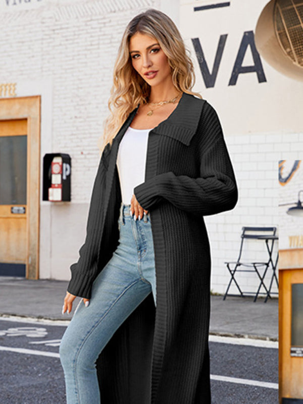 Lapel long knitted cardigan