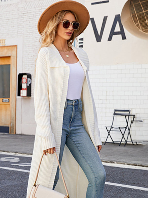 Lapel long knitted cardigan