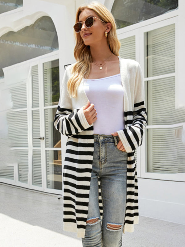 Long casual striped loose long-sleeved sweater cardigan