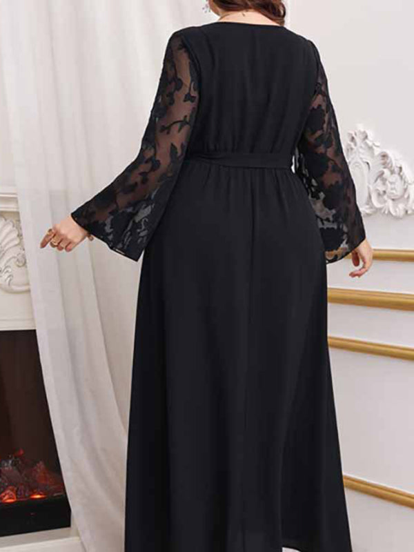 Large size high waist black polka dot patchwork dress