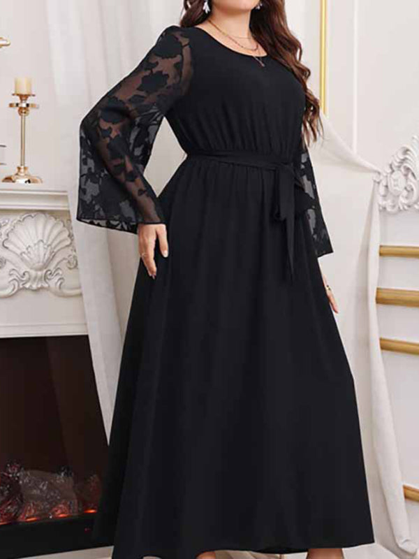 Large size high waist black polka dot patchwork dress