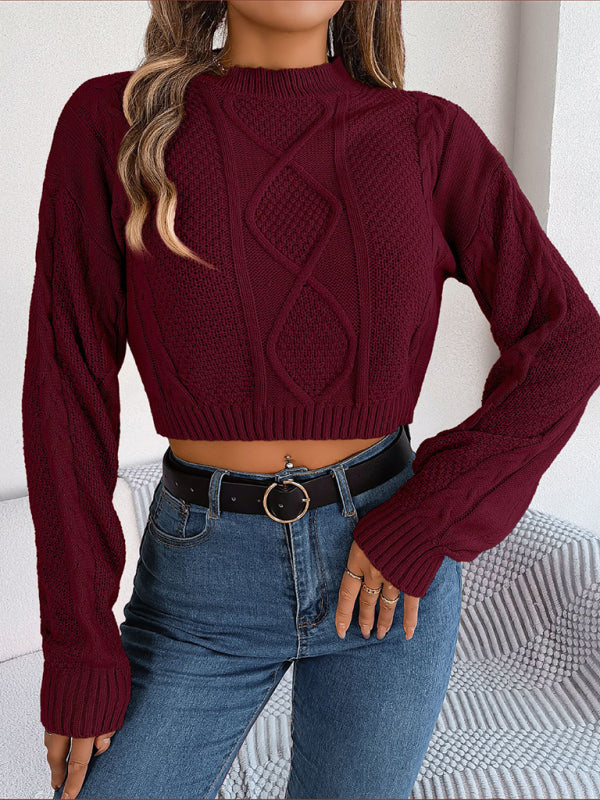 Casual solid color twist long-sleeved pullover navel-baring sweater