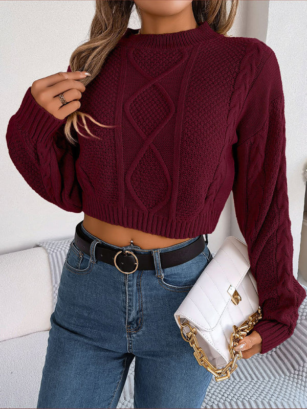 Casual solid color twist long-sleeved pullover navel-baring sweater