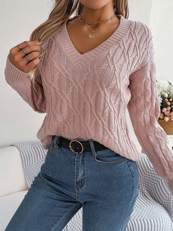 Casual solid color twist long-sleeved V-neck sweater