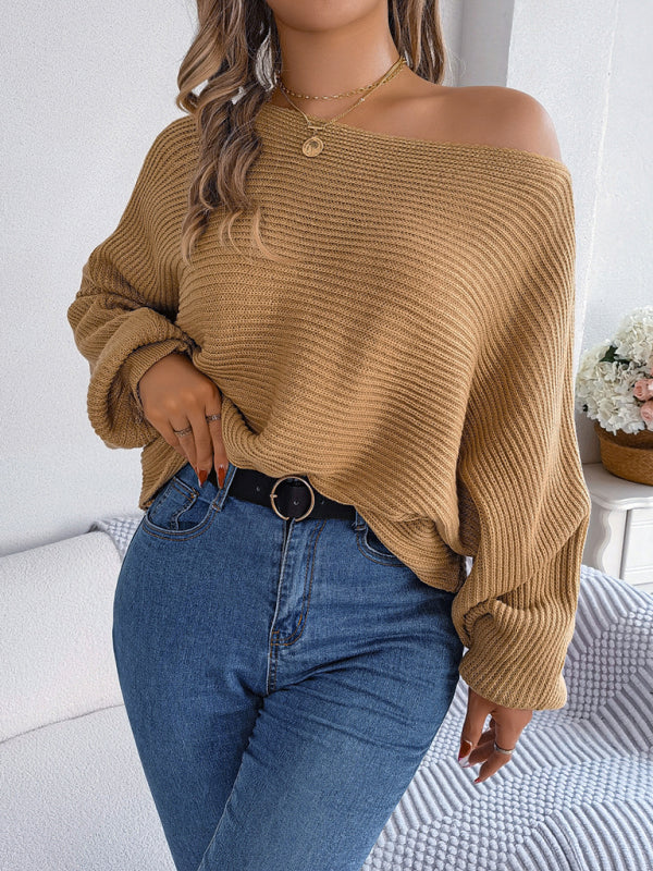 Casual loose solid color bat sleeve pullover sweater