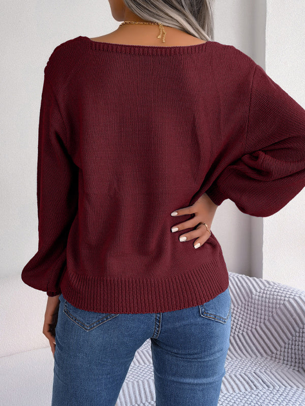 Casual square neck twist lantern sleeve pullover sweater