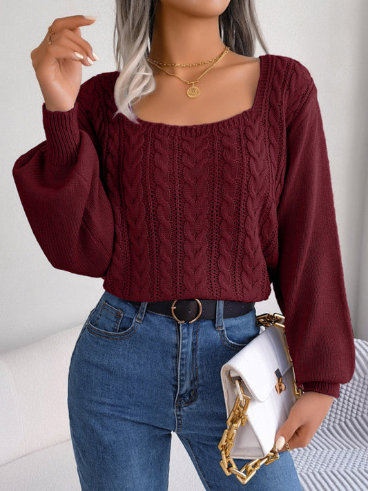 Casual square neck twist lantern sleeve pullover sweater