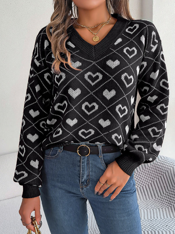 Sweet contrasting color heart lantern sleeve pullover sweater