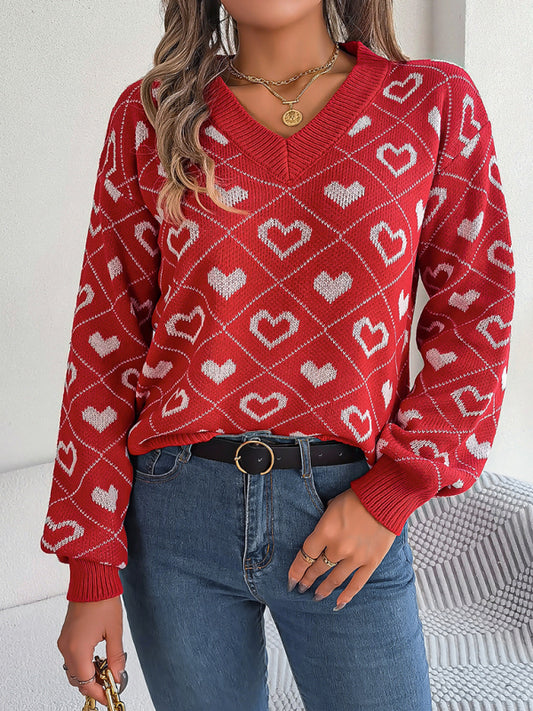 Sweet contrasting color heart lantern sleeve pullover sweater