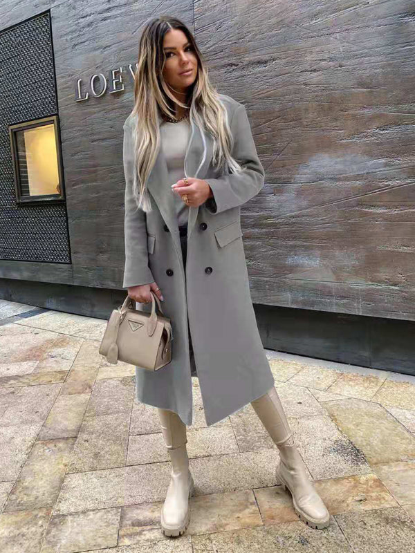 Women's long sleeve collar double breasted coat