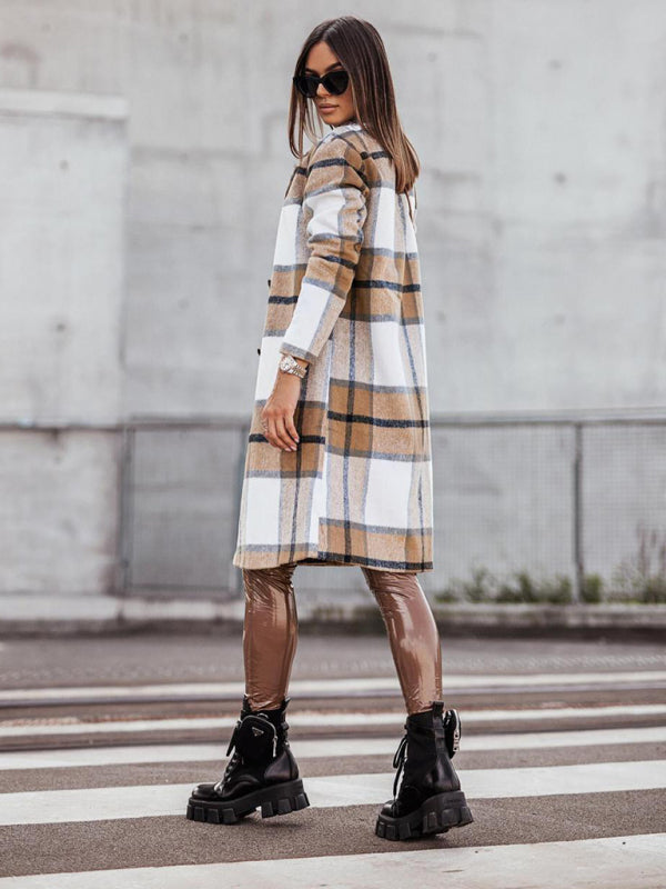 Women's mid-length plaid printed coat
