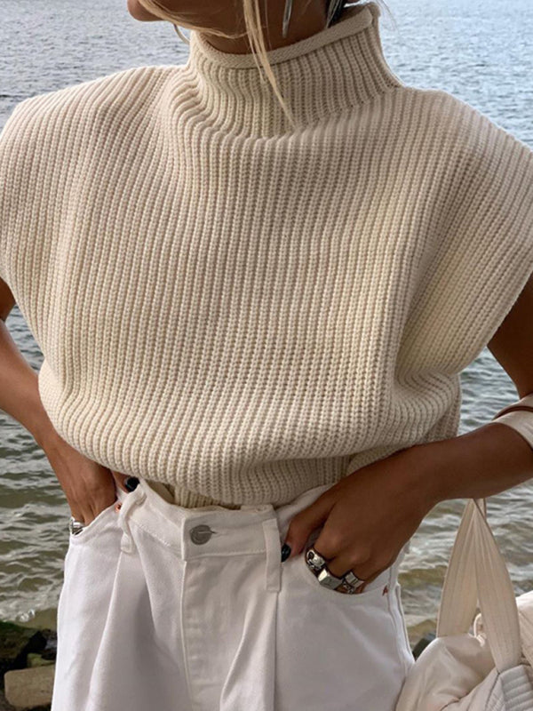 Solid color turtleneck short-sleeved sweater top